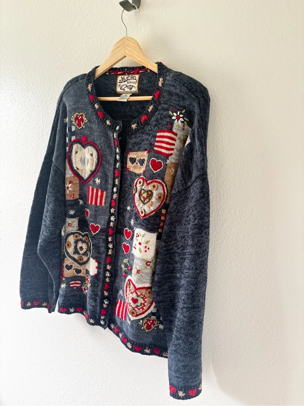 Vintage-Inspired Navy Heart Patchwork Cardigan Sweater